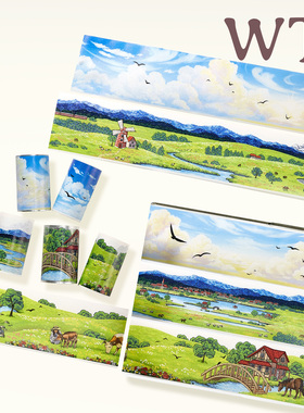 WT原创胶带 牧歌集 绿野之歌 飞鸟青空 模切草原天空云朵造景胶带