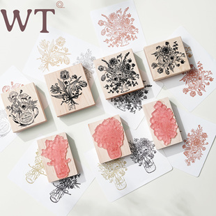 饰Ins清新 木制印章复古植物花朵花瓶手帐装 WT品牌原创 时光花匣