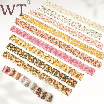 WT原创胶带 野玫瑰 风铃草 山茶 虞美人 花朵手帐胶带特油和纸INS