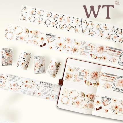 WT原创胶带 月光蔷薇馆 玫瑰手札 模切花朵和纸PET手帐胶带INS风