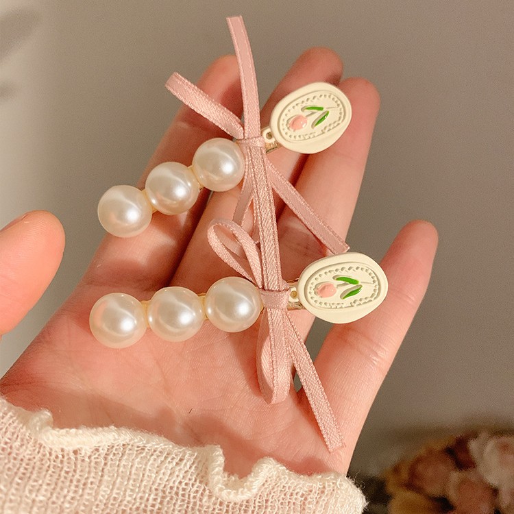 春日有约~郁金香珍珠蝴蝶结发夹女刘海侧边夹子超仙花朵发卡头饰