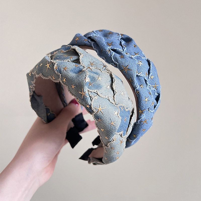 复古新款牛仔星星麻花辫子宽边发箍感编织头箍气质洗脸发卡女
