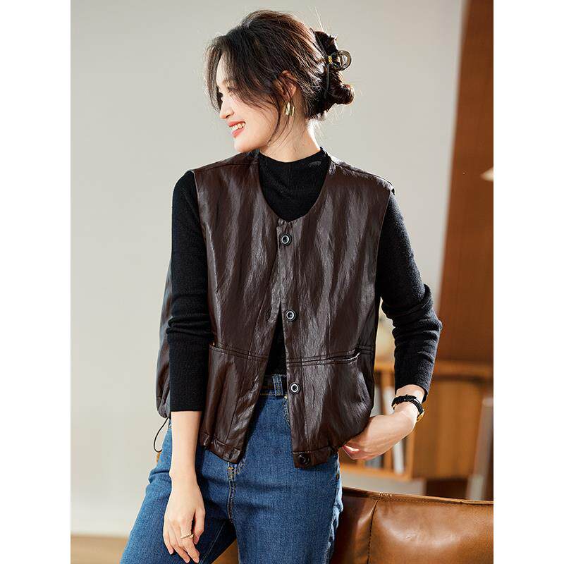 MONLOUVE皮衣女2025新款无袖叠穿外套马甲女秋季短款皮夹克酷飒风