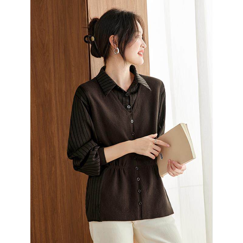 MONLOUVE秋装2025新款爆款时尚假两件拼接衬衫女士高级感轻奢减龄