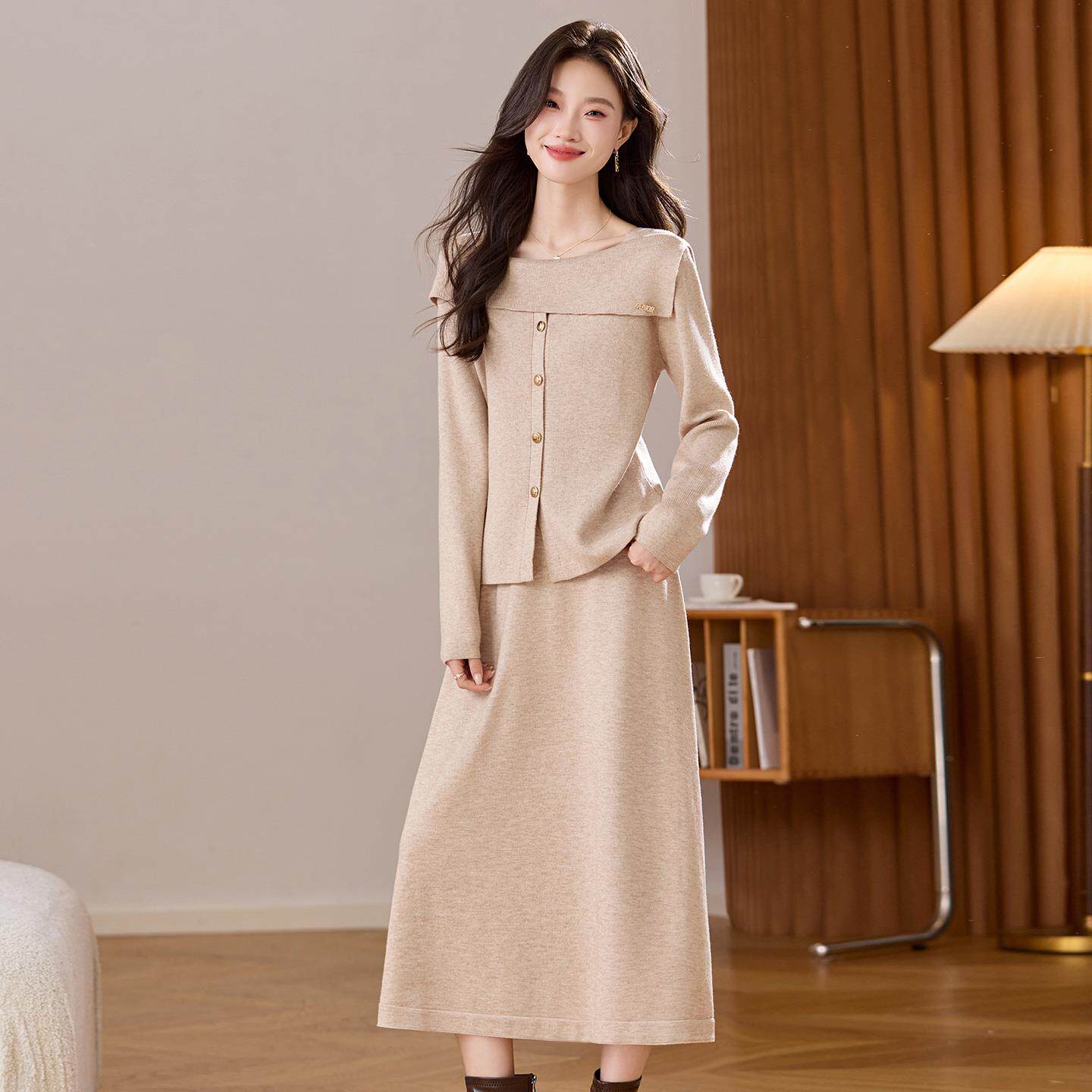 MONLOUVE两件套针织连衣裙女款秋冬季2025新款轻奢高级感一字肩套