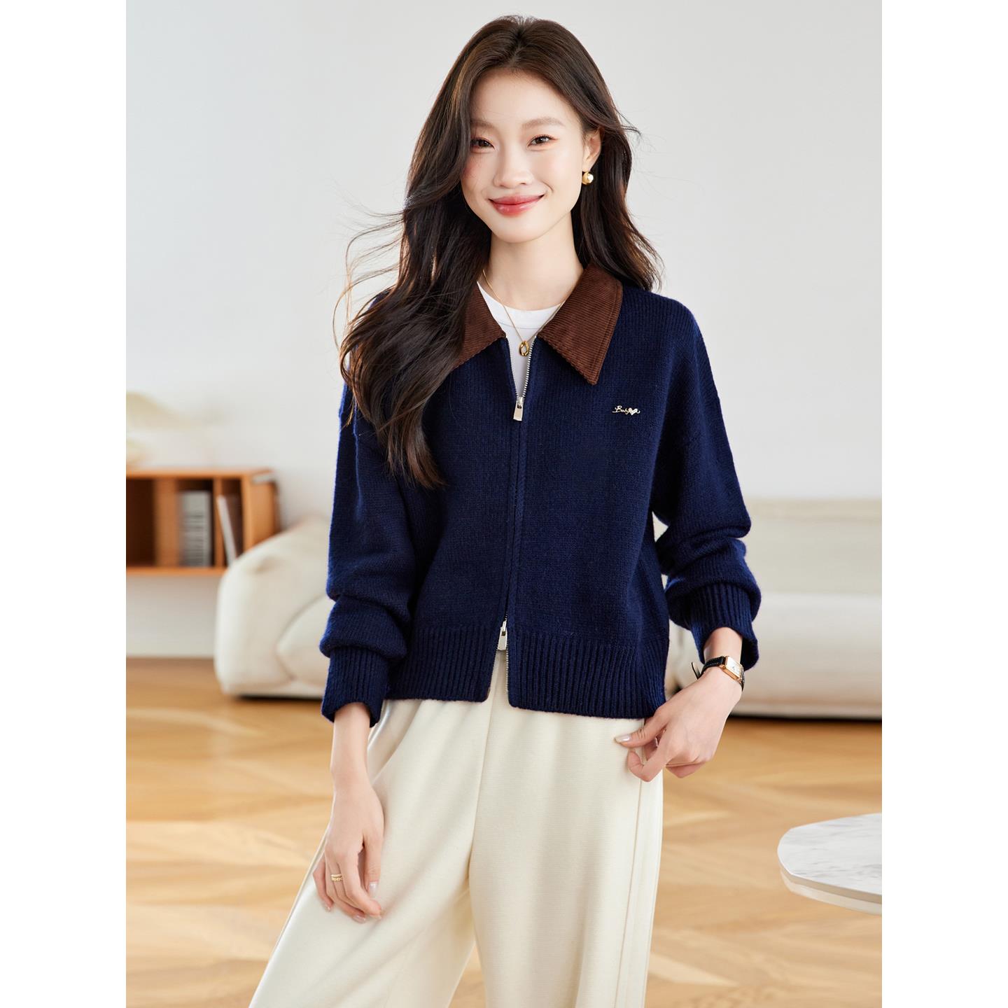 MONLOUVE翻领毛衣外套女秋冬季2025新款今年流行爆款洋气减龄百搭