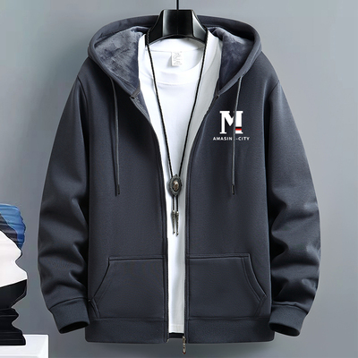 秋冬新款开衫卫衣男青年加绒宽松大码外套百搭学生保暖潮款连帽衫