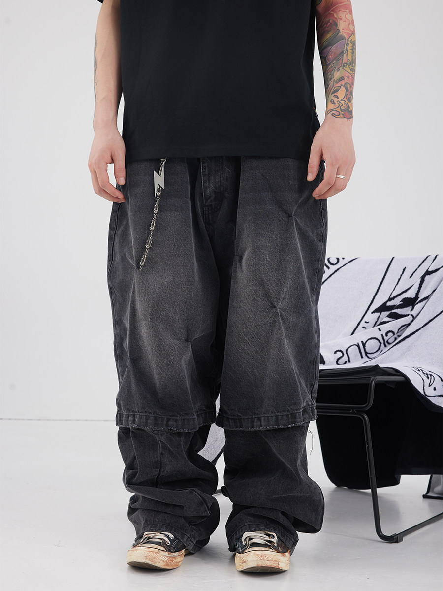 街头褶皱美式牛仔裤BLACK8MOB