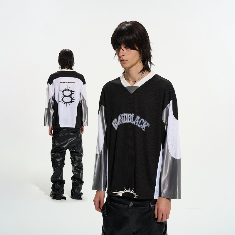 【BLACK8MOBxBLINDNOPLAN】25AW肌理运动拼色网眼印花球服长袖T恤