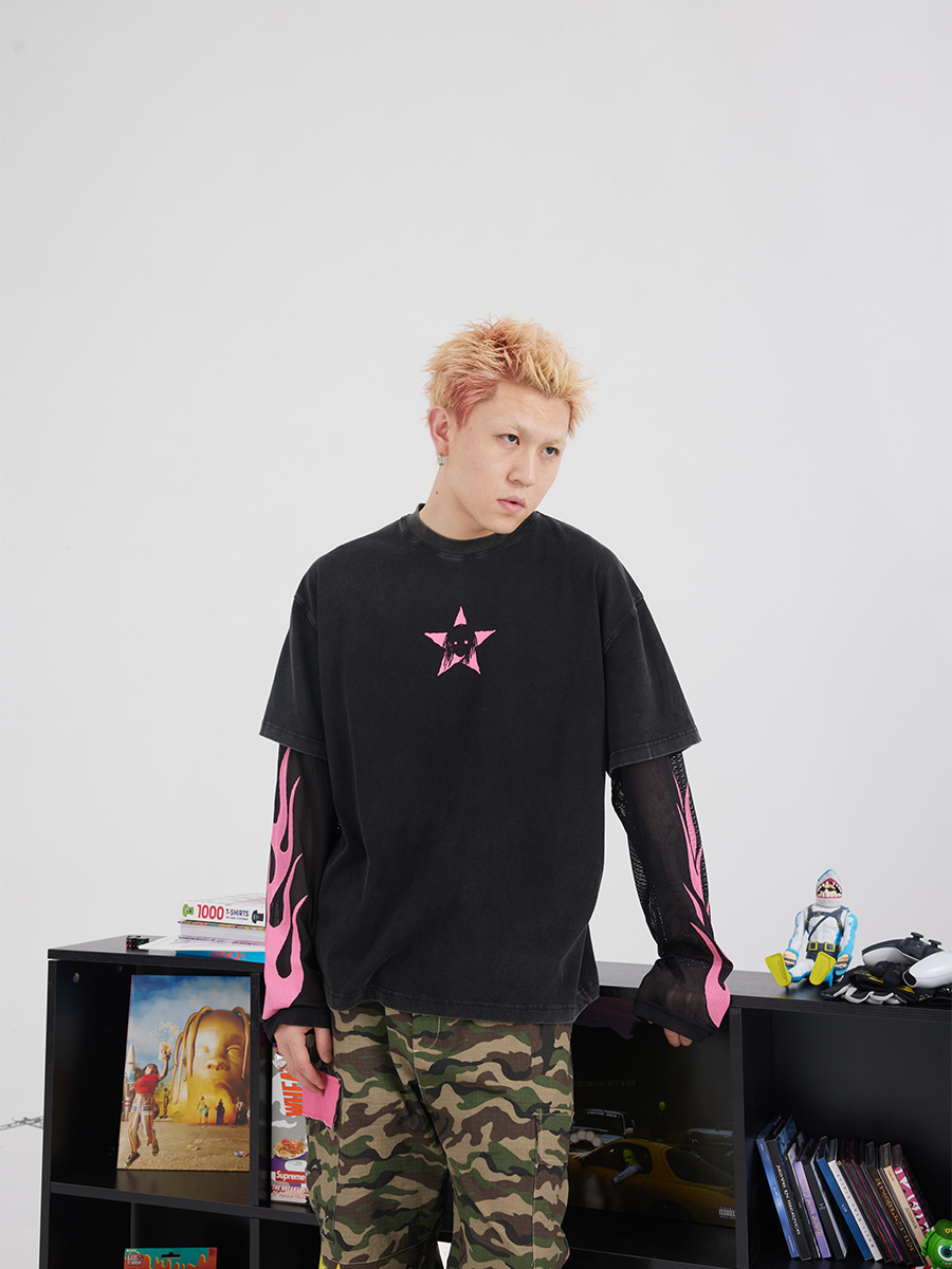 网格休闲假两件短袖BLACK8MOB