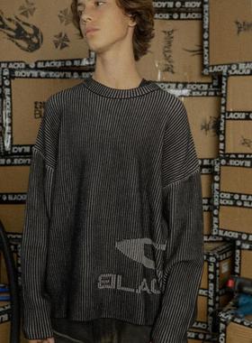 【BLACK8MOB】2024AW 基础logo坑条提花毛衣灰色条纹套头针织衫