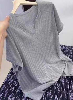 欧货灰色冰丝上衣轻薄百搭休闲慵懒风短袖针织衫2025夏季减龄t恤