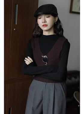 2025春秋季V领连衣裙女马甲背心针织长款毛衣打底衫毛衣裙袖