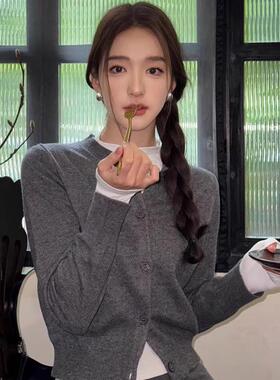 欧货灰色针织开衫外套女秋冬季修身女士毛衣短款内搭打底衫上衣