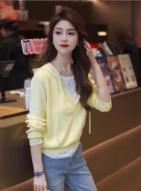 2025新款假两件针织衫女早秋薄款洋派连帽毛衣短款上衣设计感甜美