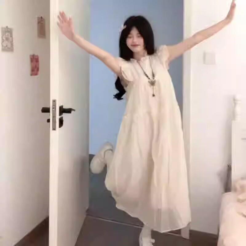 甜美初恋小飞袖茶歇连衣裙女学生夏季木耳边宽松显瘦小个子中长裙