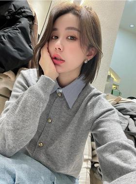 灰色衬衫领拼接假两件毛衣女春秋小个子修身内搭针织开衫翻领上衣