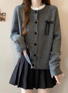 灰色蝴蝶结针织毛衣开衫女春秋小个子针织衫外套加厚短款洋气上衣