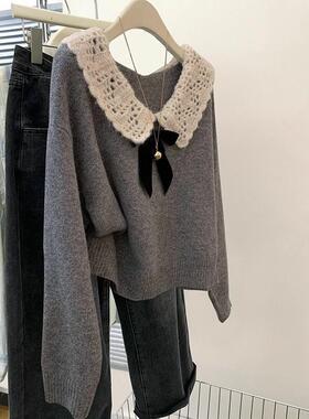 灰色翻领蝴蝶结套头毛衣女秋冬2025冬季新款小个子针织衫上衣加厚
