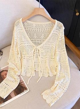 2025夏季新款镂空勾花针织系带长袖防晒开衫女装上衣百搭薄款外搭