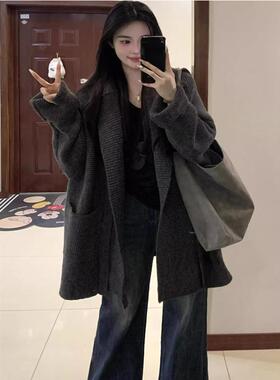 慵懒风灰色翻领连帽毛衣外套女秋冬季加厚宽松中长款针织开衫上衣