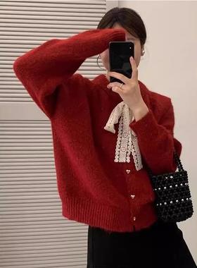 红色小香风圆领蝴蝶结毛衣开衫女2025春秋冬季软糯宽松针织外套女