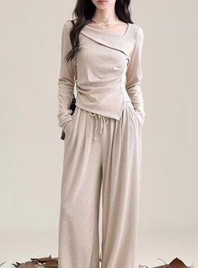 2025不规则长袖气质套装新款休闲上衣阔腿裤两件两件套