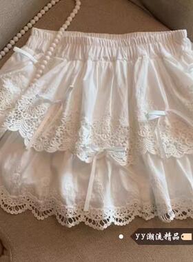 白色蕾丝拼接半身裙女2025夏季新款韩系甜美风蝴蝶结刺绣蛋糕短裙