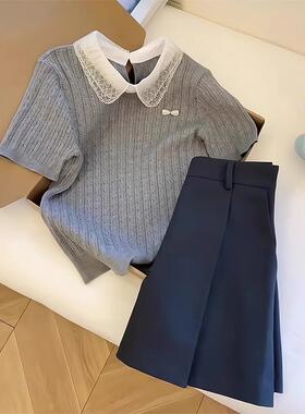 灰色蕾丝娃娃领正肩短袖t恤女夏季polo领拼接短款冰丝针织衫上衣
