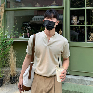 ASCLO亨利衫新款韩版打底衫V领纯棉夏季短袖上衣透气潮流简约半袖