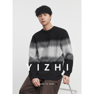 亦止『墨纹律』冬季保暖圆领针织套头拼色毛衣针织衫男感长袖