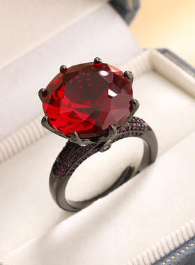 新款高档珠宝豪华镀金镀18K金刚玉圆形复古黑金戒指女16mm饰品