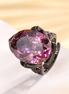 新款高档珠宝豪华镶嵌镀18K金刚玉蛋形黑金轻奢戒指女15*20饰品