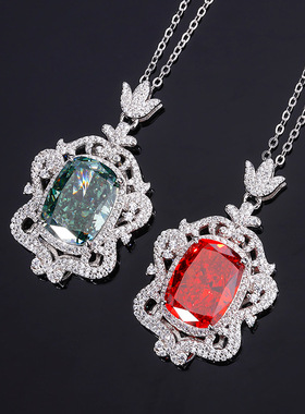 珠宝S925银镀18K金镶嵌高碳钻雷迪恩切工中国红复古吊坠项链12*16