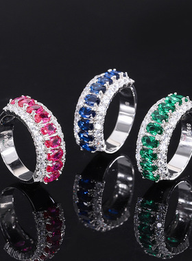 新款高档珠宝S925银镀18K金镶嵌彩宝款几何型潮流复古排戒戒指