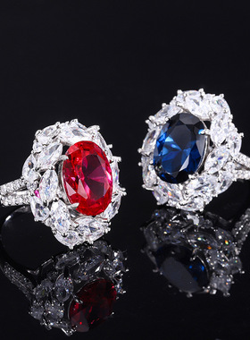 新款珠宝S925银镀18K金镶嵌彩宝款红宝蓝宝旦形10*14毕口手饰戒指