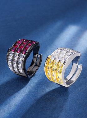 新款高档珠宝人工培育宝石镀18K金彩宝复古排戒黑金个性戒指饰品