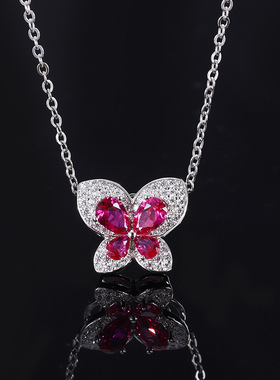 新款珠宝镀18K金韩版ins潮流行红刚玉蝴蝶结项链吊坠培育宝石饰品