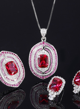 珠宝复古高档戒指红刚玉石双色石镶钻吊坠戒指耳钉套装8*10饰品