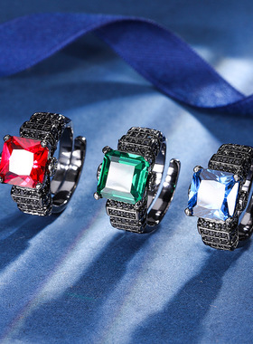 秋冬新款高档珠宝镀18K金刚玉公主方黑金个性戒指女10*10首饰