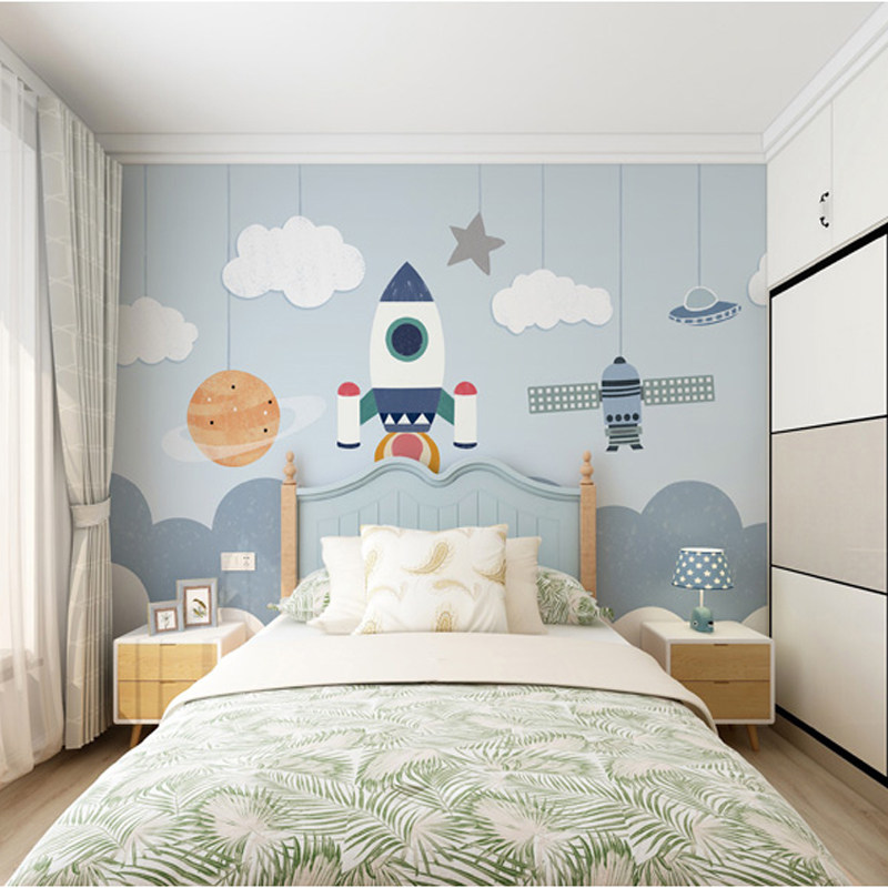森典新款儿童房墙纸男孩卧室床头环保壁布无纺布定制卡通太空墙布