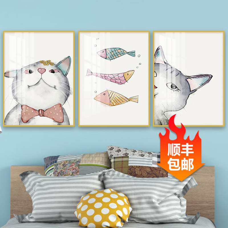 客厅装饰画萌宠可爱卡通动物卧室儿童房床头三联画沙发背景墙壁画