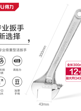 deli得力DL120212Z专业级光柄活扳手12寸铬钒钢(银)(把)