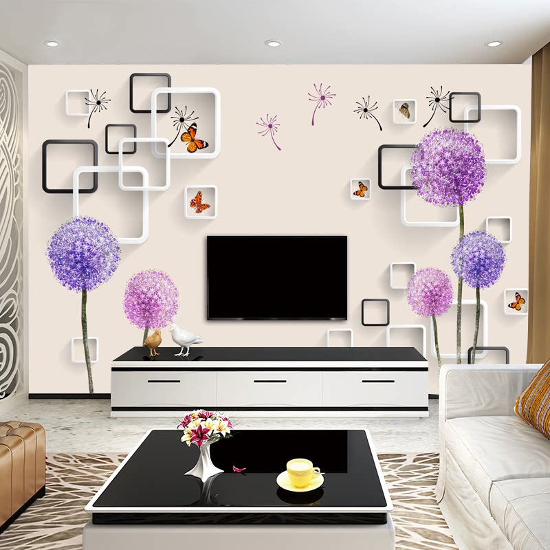 3d立体客厅影视墙壁画电视背景墙壁纸装饰画定制简约现代蒲公英