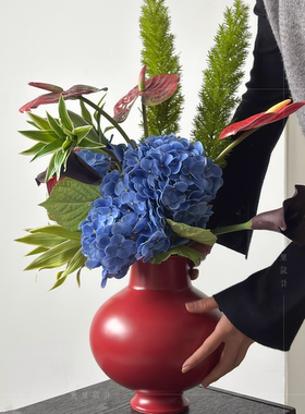 红色新年陶瓷花瓶手札花束摆件