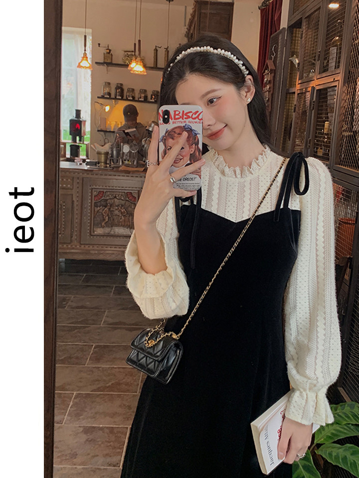 法式复古丝绒蕾丝拼接小黑裙秋冬新款假两件收腰显瘦长袖连衣裙女