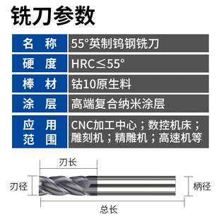 8涂层钢用铣刀1 55度英制钨钢铣刀1 4硬质合金数控刀具4刃直柄刀