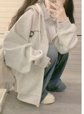 中大童灰色运动外套女童卫衣春秋冬韩系拉链连帽oversize开衫上衣