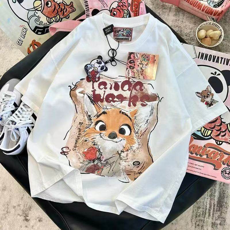 女童卡通呆萌小狐狸卡通印花短袖T恤2025夏季新款中大童纯棉上衣