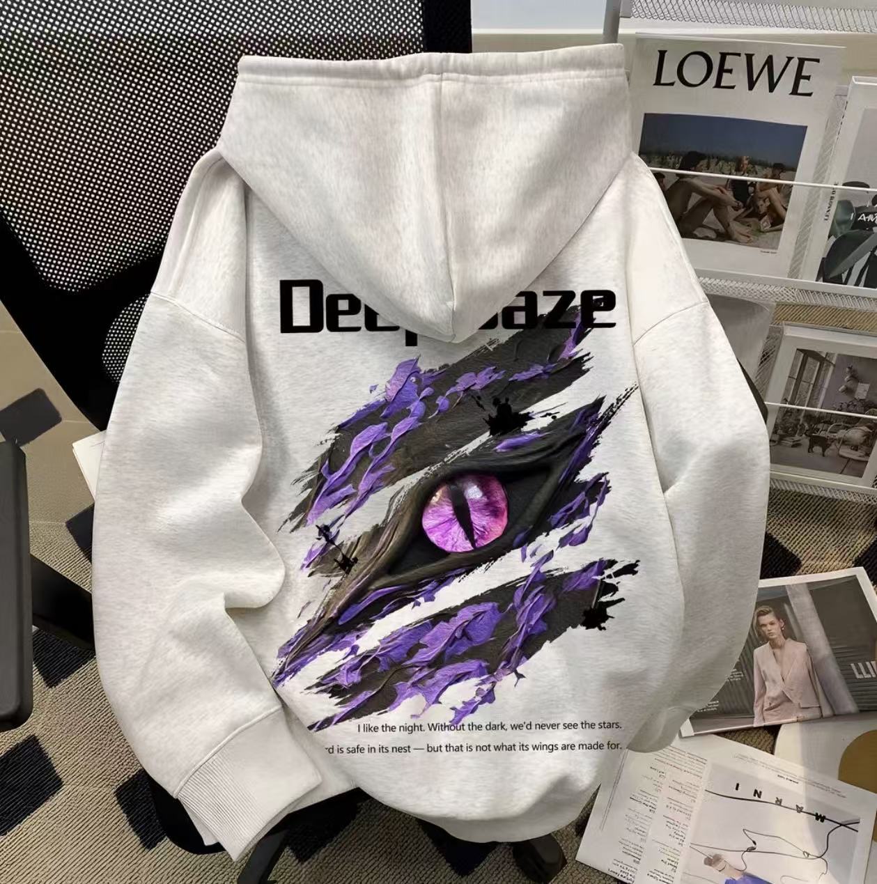 男女童秋冬美式恶魔眼睛印花连帽卫衣中大儿童学生酷帅外套上衣服